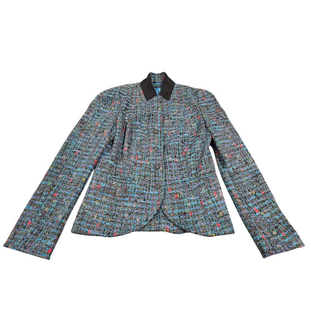 Vintage Benetton Tweed Wool Blend Blazer Jewel Tone Multi Blue Winter Womens M